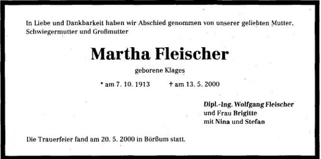 Klages Martha 1913-2000 Todesanzeige